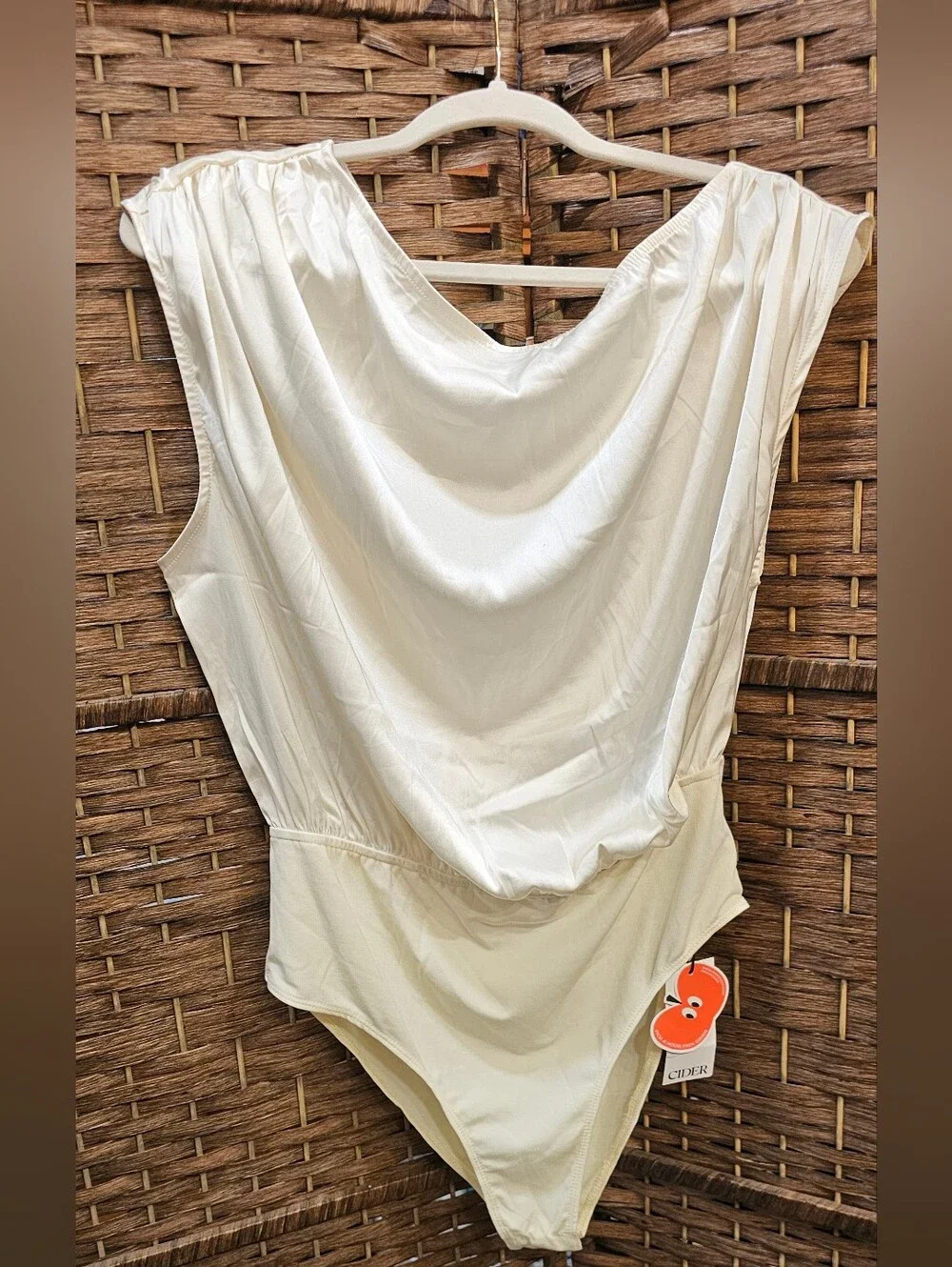 Cider Cream Satin Drape V-Neck Bandeau Bodysuit